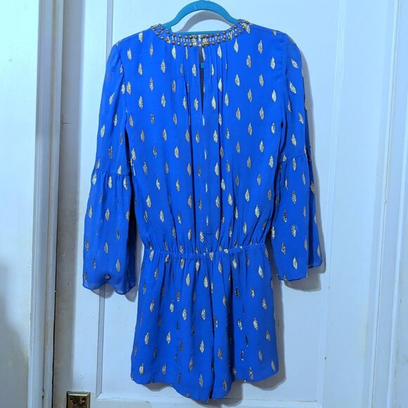 Lilly Pulitzer Ariele Silk Romper in Bennet Blue Diamond Metallic Gold Size XS - Picture 7 of 8